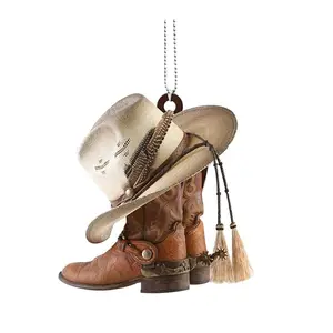 New Hot Sale Car Bag Decoration Key Ring Kawaii Retro Acrylic Denim Boot cowboy Hat Keychain