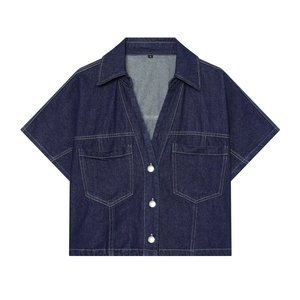 Zevity 2026 Primavera/Estate Nuova <span class=keywords><strong>Camicia</strong></span> in Denim Lavato da Donna con Doppie Tasche Applicate, Maniche Corte e Orlo Elastico - Product Image 1