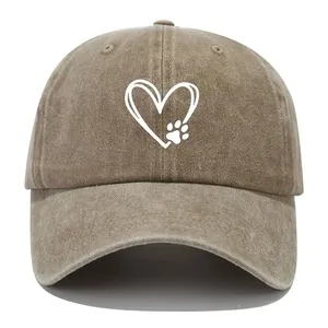 JX Heart Paw Print Baseball Cap Vintage Washed Distressed Dad Hats Breathable Adjustable Sun Hat For Women & Men