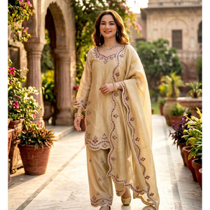Conjunto de Salwar Kameez Beige Bordado con Dupatta de Secado Rápido, Traje Étnico para Mujer para Fiestas y Bodas - Product Image 1