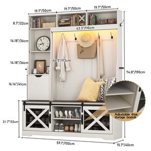 SENYU Hall Tree Entryway Bench, 75''H 59''W LED <b>Coat</b> <b>Rack</b>, 16 <b>Shoe</b> Cubbies, Umbrella Holder, Sock Drawer, White - Product Image 4