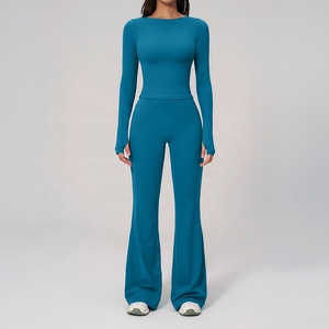 Ensemble de <span class=keywords><strong>sport</strong></span> pour femmes de haute qualité, haut à manches longues, pantalon évasé taille haute, activités de plein air, course à pied, fitness, respirant, gym, yoga - Product Image 3