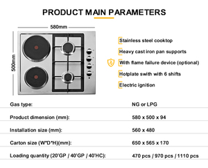 Table de cuisson intégrée 2 brûleurs <span class=keywords><strong>gaz</strong></span> et 2 brûleurs électriques en acier inoxydable, plaque de cuisson électrique et <span class=keywords><strong>gaz</strong></span> pour usage domestique, appareil électroménager - Product Image 4