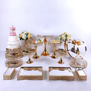 Luxury Pearl Crystal Mirror Top Cake Stand Wedding Party Decoration Round Gold Cake Pedestal Metal Display Cake Stand Set