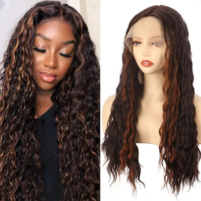 Factory Outlet wholesale Beauty braid 26inch Semi-hand Heat resistant Synthetic Wig water wave Lace front Synthetic Hair Wig