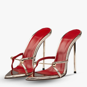 Sandales à talons hauts pour femme, grande taille 45, avec décorations métalliques, bout ouvert pointu, style mules, coupe large, pour soirée - Product Image 1