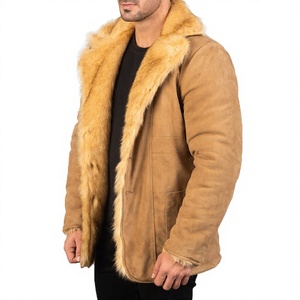 Men's Brown <b>Suede</b> Winter <b>Leather</b> <b>Jacket</b> With Fur Collar Single Button Closure Casual Style Thick Warm Coat - Product Image 1
