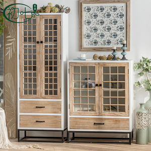 Gabinete de Almacenamiento de Madera Maciza Estilo Retro Americano, 2 Puertas Abatibles, Gabinete para Té de Sala de Estar, Estilo Wabi Sabi, Decorativo para Entrada de Villa - Product Image 1