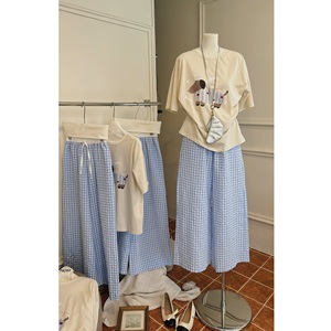 New Dog <b>Embroidery</b> <b>Set</b> x Blue Plated Pants Sample Available Casual Style Cartoon Pattern Cotton Blend Knitted + Polyester Woven - Product Image 1