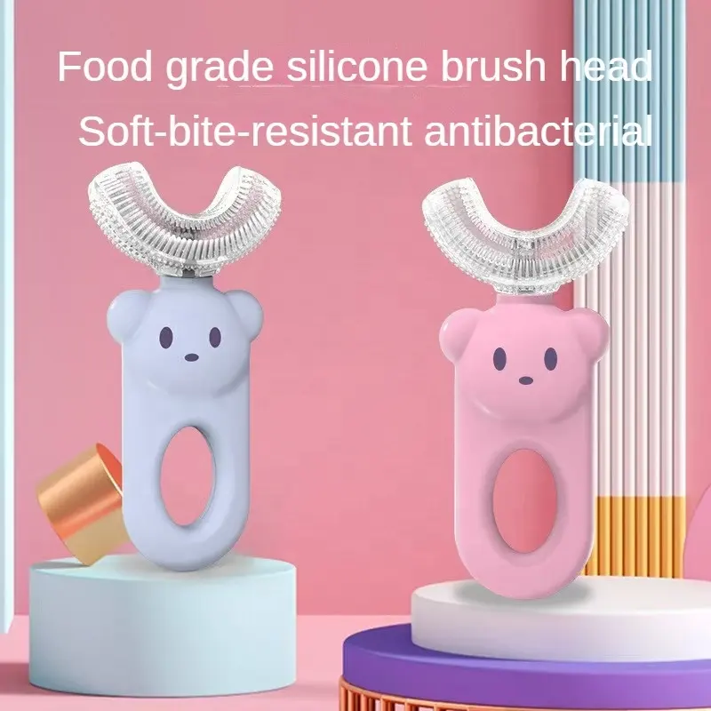 Teeth cleaning food grade silicone toothbrush for kids cartoon bear U-Shape baby toothbrush