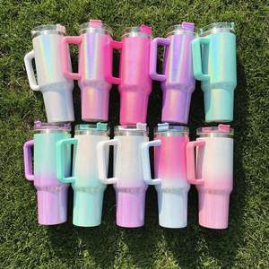Gobelet de voyage isotherme 40oz en acier inoxydable avec poignée, dégradé ombré scintillant, vierge pour sublimation, avec paillettes - Product Image 2