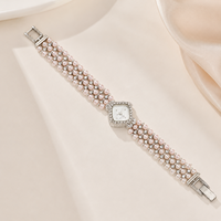 Montre-bracelet vintage rose avec perles et strass pour femme, montre à quartz, cadran carré, montre de mode pour femme