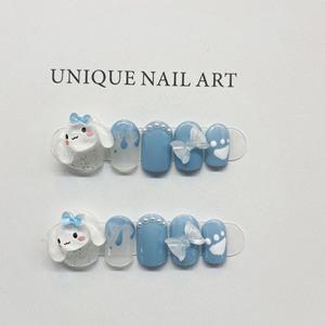 Uñas Postizas Blue Bunny con Diseños 3D de Lazo, Perla y Huella, Uñas Postizas Medianas Brillantes y Lindas para Mujeres y Niñas - Product Image 1