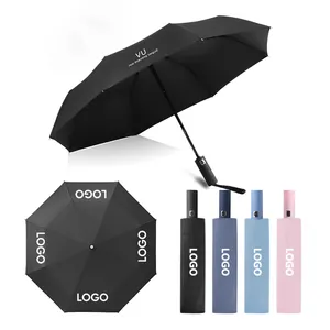 Özel logo taşınabilir üç katlanır Pongee tam otomatik rüzgar geçirmez iş seyahat şemsiye yağmur için