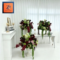 Arrangement floral artificiel réaliste vert Bourgogne luxueux en soie, roses et orchidées, pour centres de table de mariage, allée et photomaton