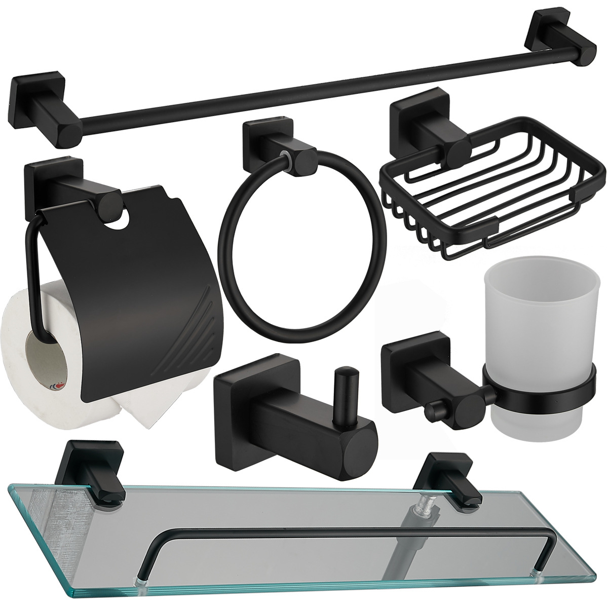 Black Quartet Space Aluminum Bathroom Seven-Piece Set Cross-Border Towel Rack Toilet Paper Holder Towel Ring Sanitary Ware Suite
