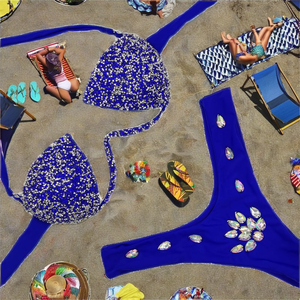 Women's Rhinestone Diamond Crystal Bikini Solid Pattern Halter Neck Swimsuit with Push-up Bra <b>Thongs</b> 1-Piece <b>Beach</b> Bathing Suit - Product Image 2