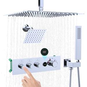 Système de douche à effet pluie double <span class=keywords><strong>HOMEDEC</strong></span> 16" + 6", robinet thermostatique à bouton-poussoir avec affichage de la température - Product Image 1