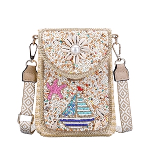 Bolso de mano casual de paja con cuentas para mujer, elegante bolso de noche con cadena desmontable, brillante bolso cruzado para playa o boda - Product Image 1