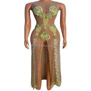 Costume nightclub bar <span class=keywords><strong>cantante</strong></span> femminile piena di gonna lunga a fessura in prospettiva a rete di diamanti - Product Image 1