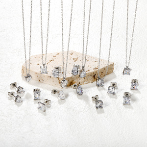 Juego de aretes y collar de circonita blanca en forma de lágrima de acero inoxidable para mujer, joyería de fiesta, cadena para clavícula, joyería de moda. - Product Image 1