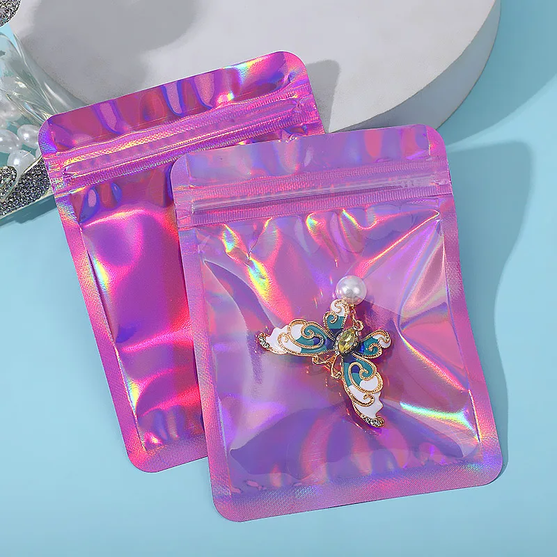 In Stock Transparent Resealable Holographic Pink Zip Bag Moisture-Proof with Gravure Printing for Jewelry Such As Necklaces Gems