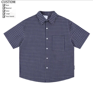 Chemises décontractées surdimensionnées à carreaux neutres en sergé de haute qualité pour hommes, respirantes, <span class=keywords><strong>avec</strong></span> poche poitrine et <span class=keywords><strong>manches</strong></span> courtes boutonnées coupe carrée - Product Image 1