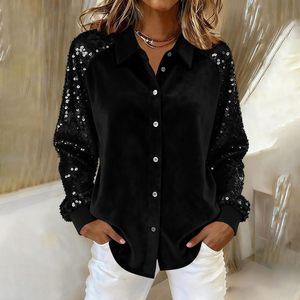 Blus Wanita Musim Dingin 2026 Kerah V Berpayet Patchwork Lengan Panjang Beludru Elastis Model Longgar Streetwear - Product Image 3