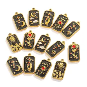 7 Styles Stainless Steel Tarot Pendants Enamel Gold Plated Magic Tarot Charms Sun Moon Star Plam Charms for DIY Jewelry Making
