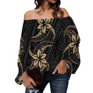 New Wholesale Custom Plus Size Frauen Chiffon Blusen Polynesian Tribal Print Damen Tops One Shoulder Langarm Damen Shirts - Product Image 3
