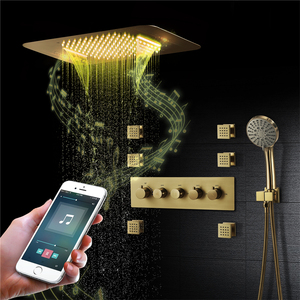 Brushed Gold Music LED Rain <strong>Shower</strong> Head System Rainfall <strong>Shower</strong> System Bathroom <strong>Shower</strong> Faucet with Thermostatic Mixer <strong>Valve</strong>