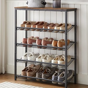 Adjustable Shoe Rack With Wooden Top And Metal Mesh Shelves For Entryway Storage Four Tier Design - Product Image 3