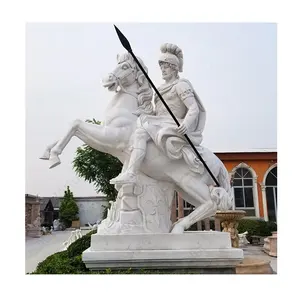 Outdoor Decor 3m High Martha White Marble Riding Horse Sculpture Stone Roman Soldier Statue