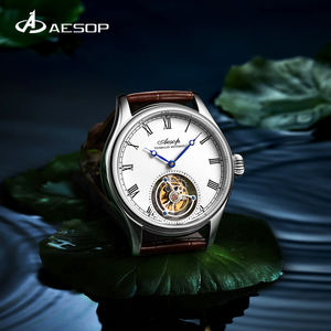 Aesop Classic Low Key Tourbillon Relojes de pulsera mecánicos Hombres de negocios Números romanos de oro Reloj de cuero mecánico - Product Image 1