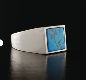 Diseño de moda hecho a mano plata esterlina declaración azul cobre turquesa anillo de sello para hombres mujeres para regalo con sello 925 - Product Image 4