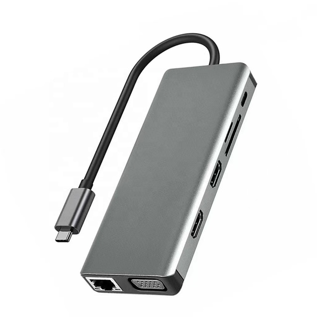 Multifunctional 12 Ports USB C Hub 100Mbps RJ45 LAN 4K HDTV Dual Monitor VGA PD 100W Charging USB C Adapter Docking Station