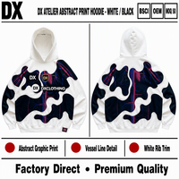 Sweat à capuche personnalisé blanc et noir 360 g/m² avec imprimé graphique abstrait, détails de lignes de dessin et bordure côtelée blanche – Streetwear OEM ODM