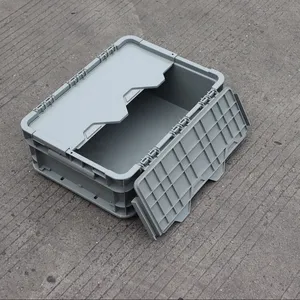 वेयरहाउस प्लास्टिक मूविंग क्रेट नेस्टेबल स्टोरेज संलग्न ढक्कन कंटेनर परिवहन यात्रा के लिए राउंड टोटे लॉजिस्टिक बॉक्स