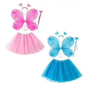 3-8 Year Kids Halloween Carnival Party Costume Butterfly Fairy Wings Wand Headband Tutu Skirt for Girls Cosplay Dress Up