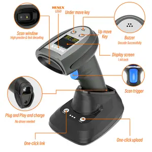 Henex Handheld Wireless Barcode Scanner with LCD Screen charging base 1D 2D QR Barcode Reader Scanners for Wholesale