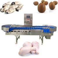 Weeg- en sorteermachine. Apparatuur voor het wegen en sorteren van oesters, kippenpoten, kippenvleugels, fruit, vlees en zeevruchten.
