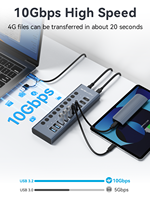 Hub USB-C 10 ports, station d'accueil 10 Gbps, 5 USB-A, 5 USB-C avec interrupteurs individuels, 48 W, alliage d'aluminium, en stock