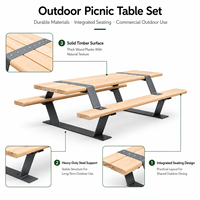 Ensemble de mobilier urbain moderne : Table de pique-nique en lattes de bois massif avec sièges intégrés, grand banc de jardin pour parc, support en acier