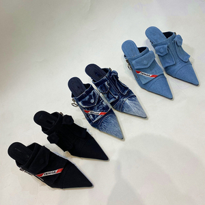 Women Zipper Pocket Denim Sandals Pointy Toe Stiletto High Heels Shoes Jeans <b>Slippers</b> Patchwork on Dress <b>Mules</b> - Product Image 6