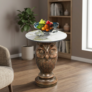 Owl Sculpture Side <b>Table</b> With Faux <b>Marble</b> Top Base Decorative Living Room Furniture Eclectic Style Antique Finish - Product Image 5
