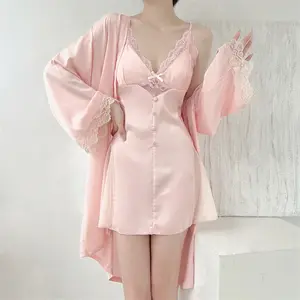 Groothandel Satijnen Nachthemden Voor Vrouwen Sexy Lingerie Kant Chemise Slip Zijde Negligé Babydoll Nighty V-Hals Nachtkleding