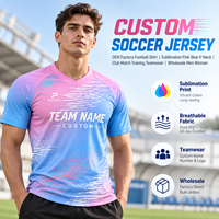 Maillot de football personnalisé OEM – Usine de fabrication de maillots de football par sublimation rose et bleu, col en V, pour club, match, entraînement, tenue d'équipe – Vente en gros pour hommes et femmes