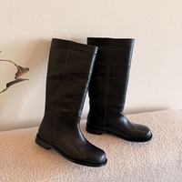 Nouvelles bottes longues à enfiler en cuir véritable de style coréen pour femme, à bout rond et talon bas, pour l'automne et l'hiver, usage double et polyvalent