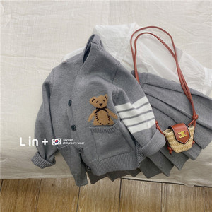 Lin+ Girls' Sweater Cardigan Skirt Set Gray Bear Knit Two Piece School Style Children's Outfit Cotton Woolen Fabric - Product Image 1