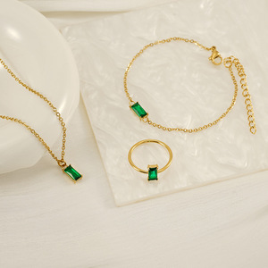 Zogxin Jewelry <b>Set</b> Gold Plated Stainless Steel Green Zircon Necklace <b>Bracelet</b> Ring Geometric Design Gift For Women - Product Image 2
